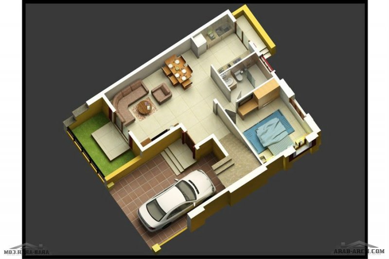 مخطط فيلا صغيرة جدا جدا بالبلانات والرسم الداخلي  ثلاثية الابعاد Scheme of too Small Villa with Internal Drawing 3D 