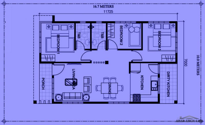 Three bedroom Bungalow House plan with total floor area of 82 square meters