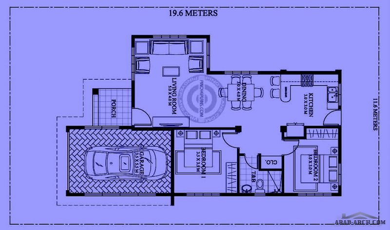 تصميم طابق واحد مساحه الارض 19.6*11 متر