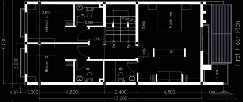 أفضل مخطط لبيت واجهه 6 متر ونزول 12 متر 3 غرف نوم  96 متر مربع
