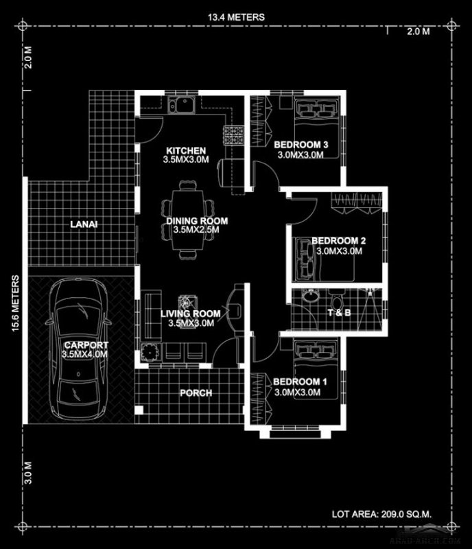 Home design plan 13x15m with 3 bedrooms