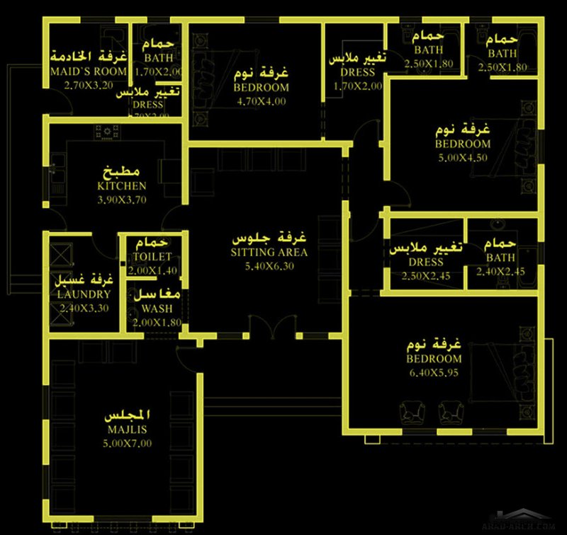 خرائط طابق واحد خليجي 17*17 متر 3 غرف نوم