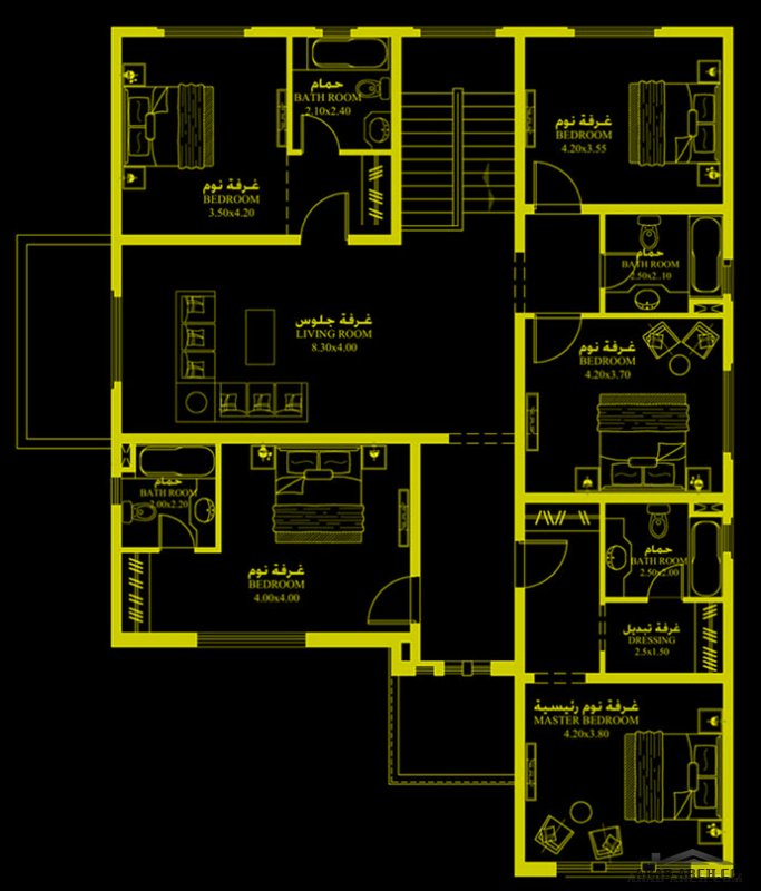 تصميم لمخطط 6 غرف نوم  - 15*18 متر