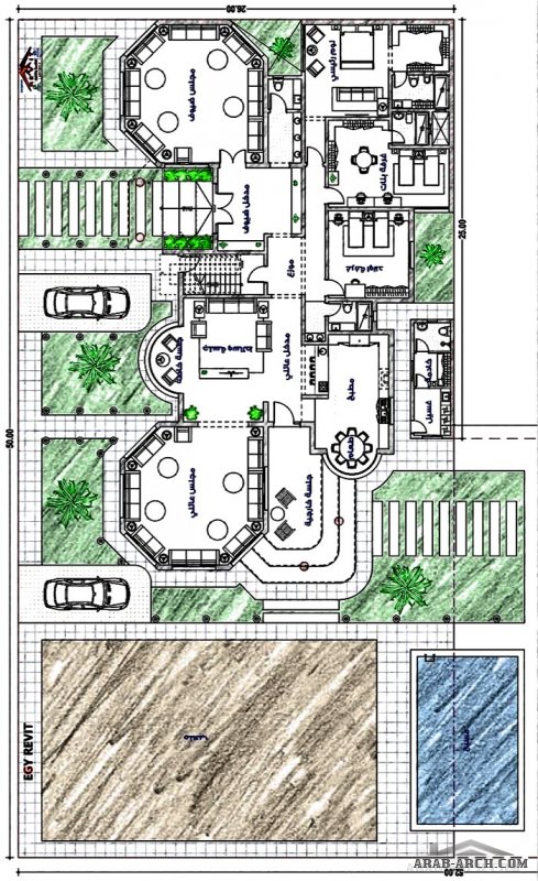 مخطط فيلا دور واحد مع حديقة و ملعب و مجلس خارجي من تصميمات ايجي ريفيت