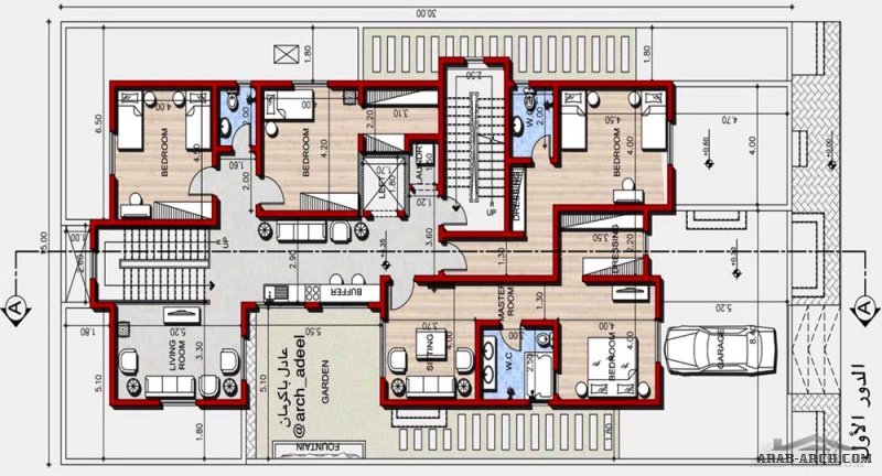 مخطط فيلا دورين وملحق علوي مساحة الارض 15x30من تصميم م/عادل باكرمان