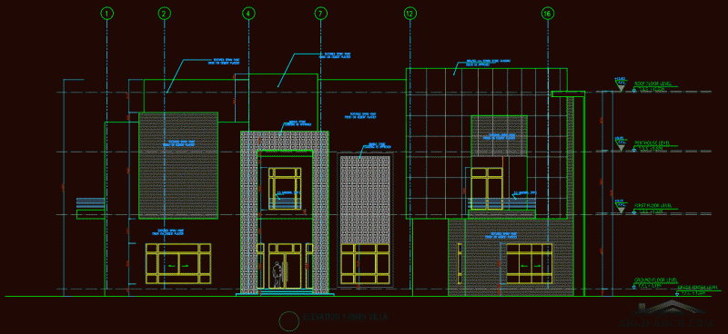 معماري  ( موقع عام + مساقط أفقية + قطاعات وواجهات ) لفيلا مع استراحة بأبعاد قطعة الأرض 53.7*28.5م