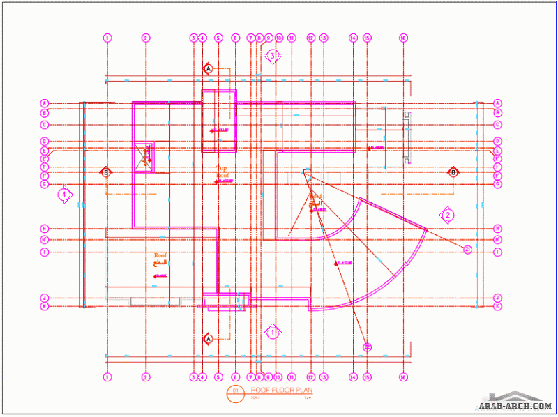 معماري  ( موقع عام + مساقط أفقية + قطاعات وواجهات ) لفيلا مع استراحة بأبعاد قطعة الأرض 53.7*28.5م