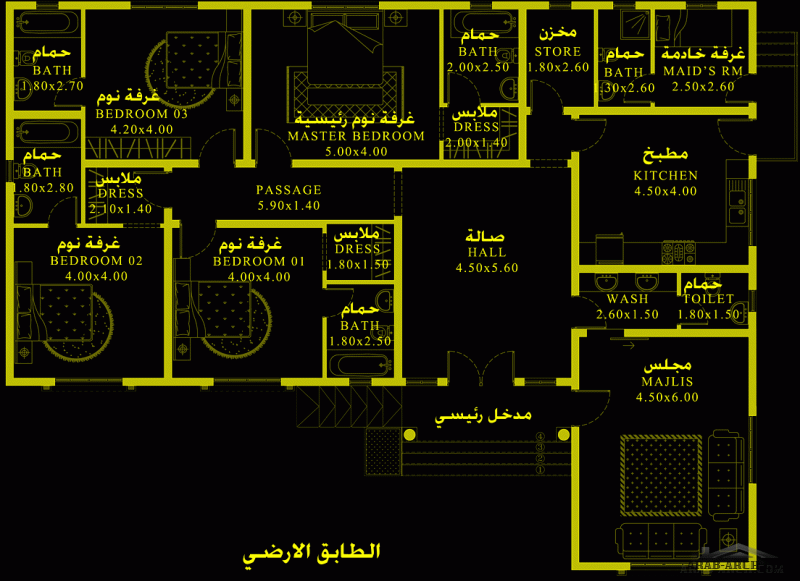 بيت طابق واحد غرف النوم 4 ابعاد البيت 19.90 م  15.10 م  صمم بواسطة رواسي للاستشارات الهندسية