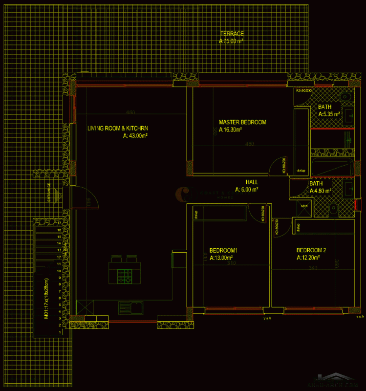 مخطط استراحه عائلية  صغيرة المساحة تصميم حواءط من الحجر 130 متر مربع 130 m2  3 Bedrooms  2 Bathrooms