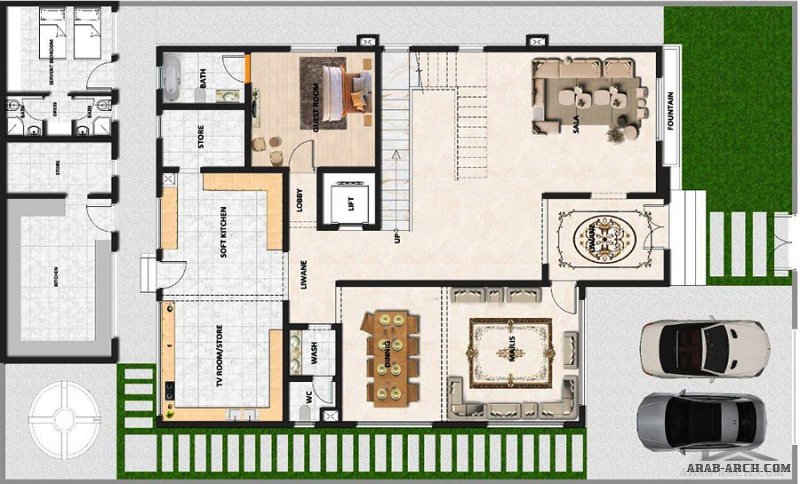 تصميم فيلا و واجهتها من طابقين ونصف مع الملاحق مع المخططات المعمارية، مساحة الارض ٥٠٠ م٢ ومساحة البناء ٧٠٠ م٢ ، من تصميم شركة المستقبل للاستشارات الهن