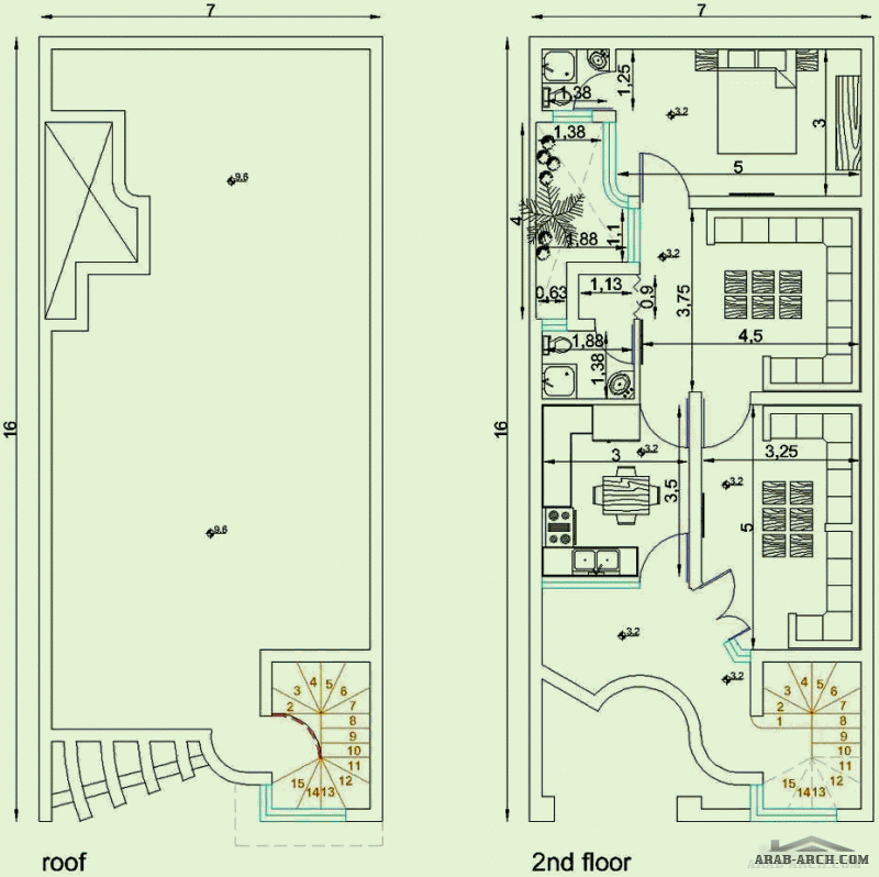 دار عراقي مخطط ثلاثة ادوار و رووف العرض 7 النزول 16 متر
