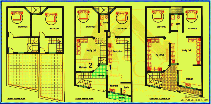 تصميم مخططات 2D  لمنزل بمساحة 147 متر مربع ، طابقين + بيت الدرج ( البيتونة ) من أعمال شركة اريكو للمقاولات العامة