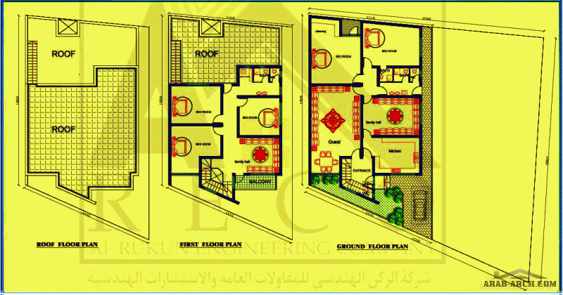 تصميم مخططات 2D لمنزل  بمساحة 240 متر مربع ، طابقين + بيت الدرج ( البيتونة ) من أعمال شركة اريكو للمقاولات العامة