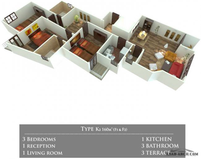 رسومات هندسية لشقق بمساحات مختلفه 3d