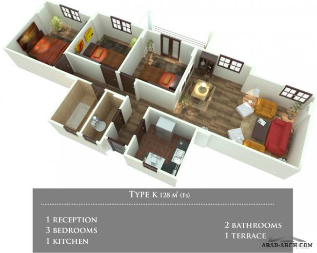 رسومات هندسية لشقق بمساحات مختلفه 3d