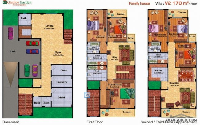 مخطط فيلات مستقلة منتجع جلاديوس جاردن - 170 متر مربع 3 طوابق