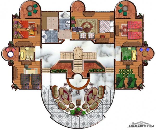 خريطة لتصميم فيلا دائرية الواجهه مع المخطط