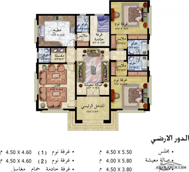 خريطة بيت دور واحد مساحه 186 متر مربع