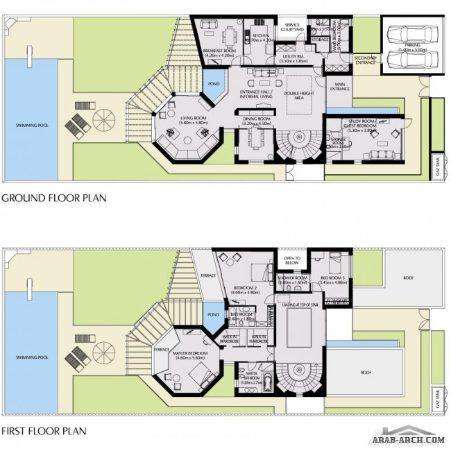 مخطط فيلا امواج مسقط The Wave Muscat Four Bed Villa -  Plot Size: 795 Sq. M., Built Up Area: 445 Sq. M