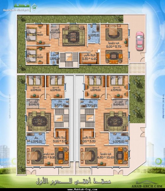 خرائط معمارية لمجمع من 3 فيلات - مكة للدراسات الهندسية