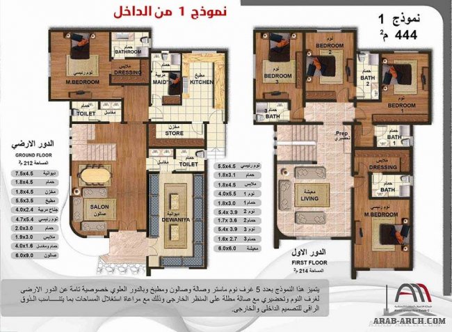 الفيلا نموذج 1 مخطط ومنظور - شركة الاصول المتحدة العقارية