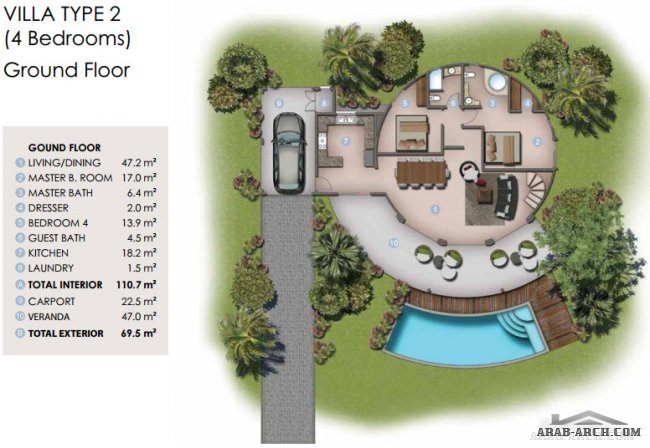 تصميم معمارى فيلا واستراحة دائرية التصميم 4 غرف نوم