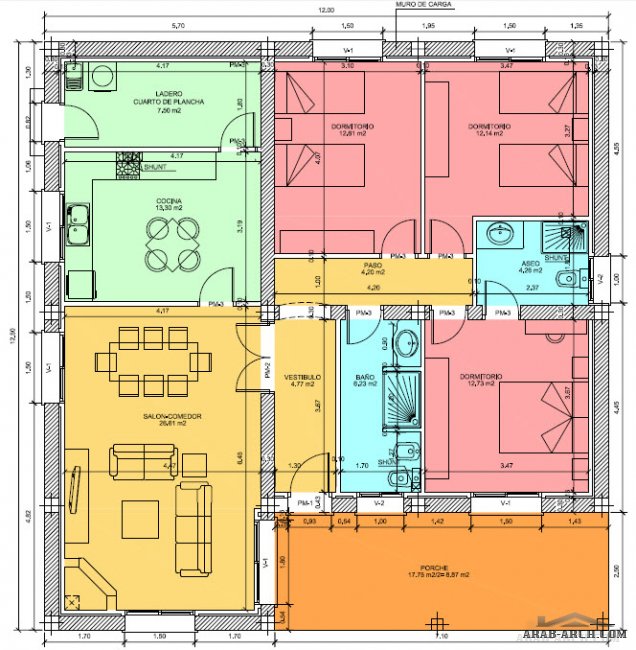 تصميم بيت طابق واحد نمط اوربى الابعاد 12*12 متر