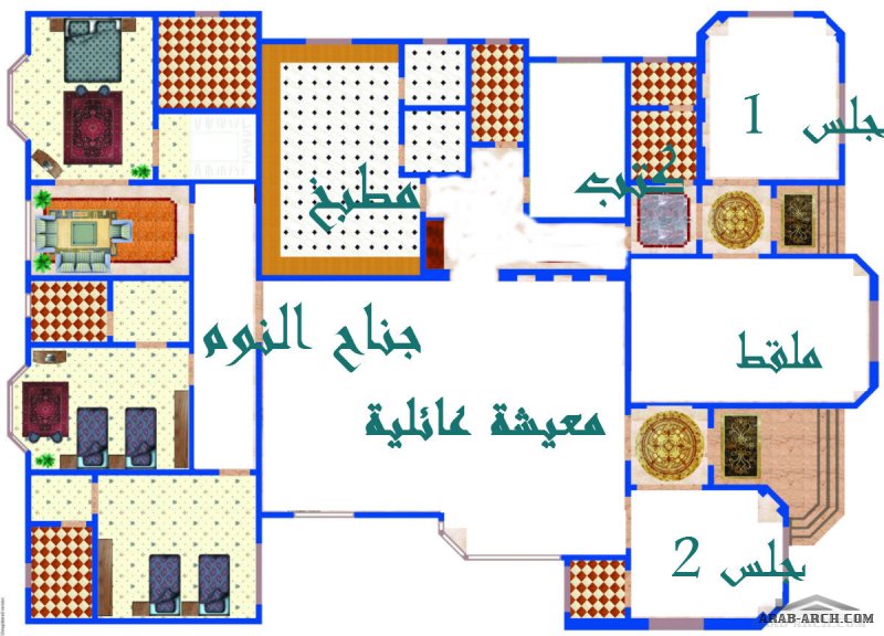 تصميم لدور ارضى جناح نوم 3 غرف نوم ماستر + 2 مجلس +2 مدخل + ملقط + مكتب وصالة معيشة